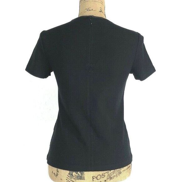 Talbots Top SP Black Embroider Eyelet Front Faux Leather Trim Ponte Small Petite - Picture 3 of 5